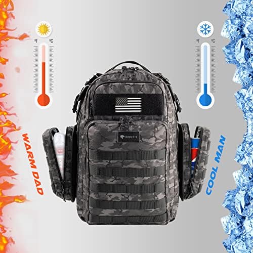 Dinictis tactical nappy bag showing MOLLE webbing system and side pockets