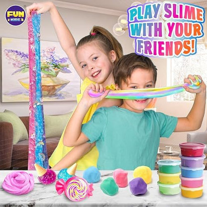 Glow-in-the-dark slime variant glowing brightly alongside glitter and foam bead mix-ins.