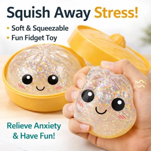 Close up view of the cute facial design on the translucent glitter dumpling stress toy.