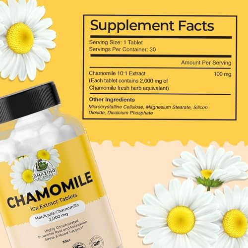 Close up view of the small easy to swallow plant based chamomile extract tablets next to the bottle.