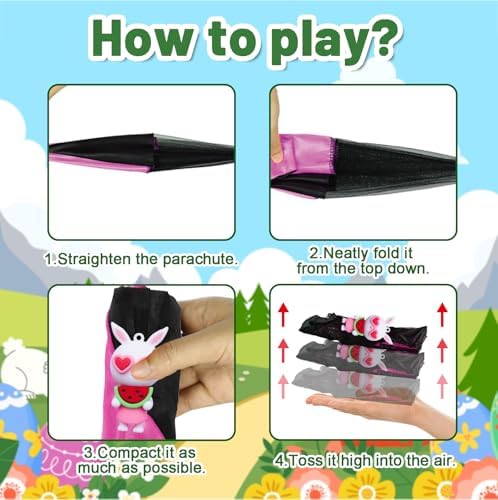 H-Style hand throw flying toys featuring cute cartoon bunny dinosaur and chicken characters attached to parachutes.