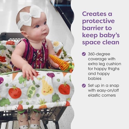 Boppy high chair cover variant demonstrating 360 degree protection on a wooden restaurant high chair.