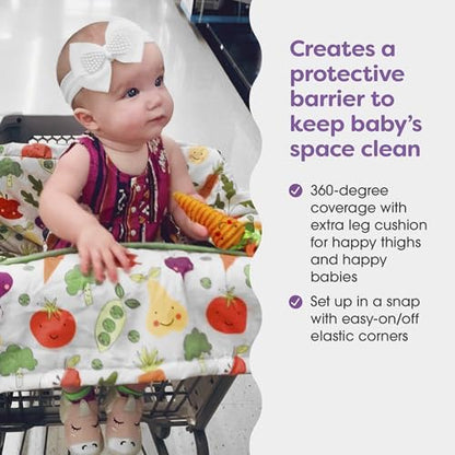 Boppy high chair cover variant demonstrating 360 degree protection on a wooden restaurant high chair.