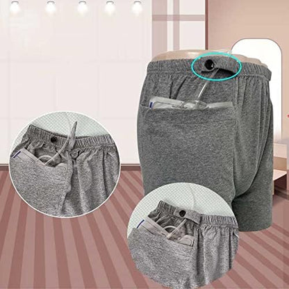Side view of HUKSOSE drainage bag shorts highlighting the discreet zippered pocket design.
