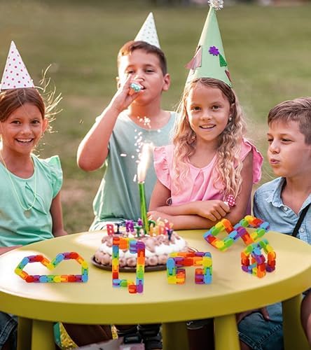 Rainbow colored snap and click fidget tracks shaped into letters and numbers for educational play