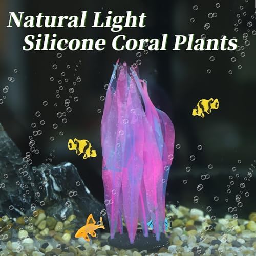 Realistic glowing coral ornament installed inside a modern glass fish tank