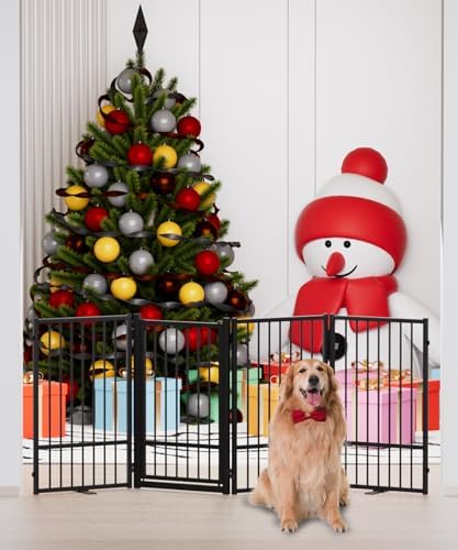 Snuowu four panel foldable pet fence configured in a stable Z shape on hardwood flooring