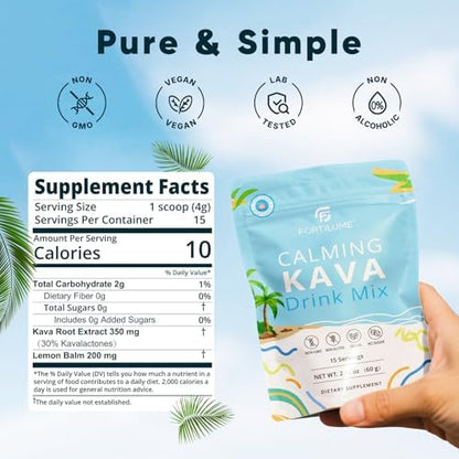 Fortilume instant calming kava powder pouch showing nutritional facts and sugar free plant based label