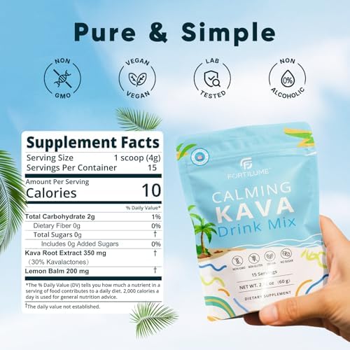 Fortilume instant calming kava powder pouch showing nutritional facts and sugar free plant based label