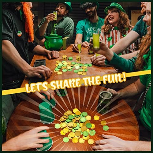Vibrant gold and green Skylety shamrock tokens arranged neatly as festive Irish themed table scatter.
