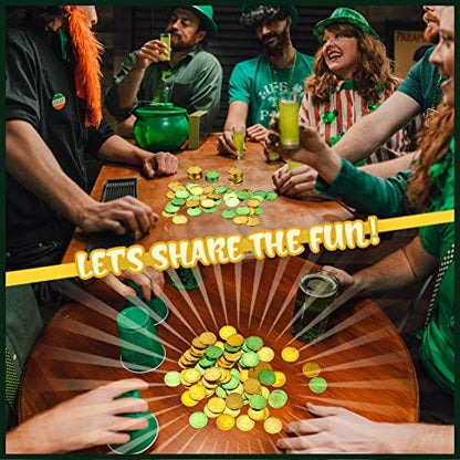 Vibrant gold and green Skylety shamrock tokens arranged neatly as festive Irish themed table scatter.
