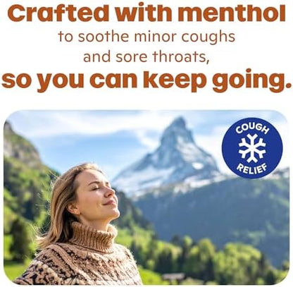 Ricola throat lozenges with fair trade honey and natural menthol details on the family size bag