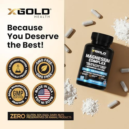 Authentic X Gold Health Magnesium 5-in-1 formula bottle highlighting high absorption benefits.