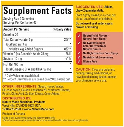 Nature Made imported Omega 3 fish oil gummies showing 45 day supply package size