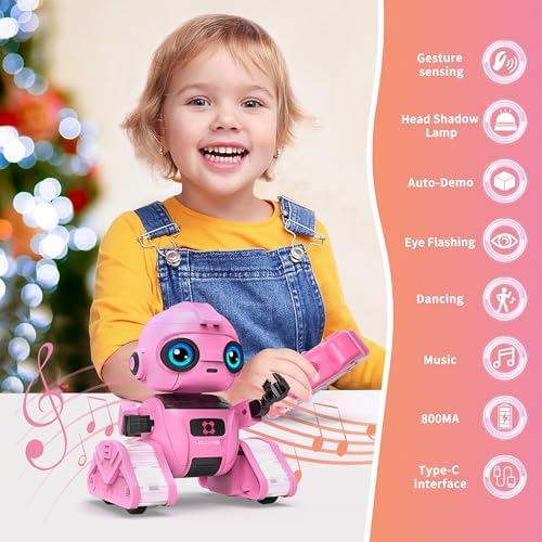 Dzxlin pink robot toy showing blue LED eyes and tank tracks