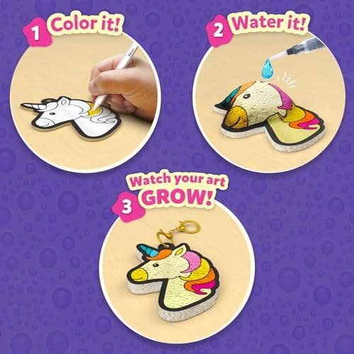 Water activated craft shapes from Skillmatics inflating into unique three dimensional unicorn figures.