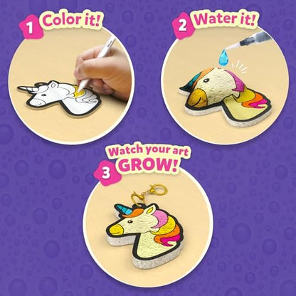 Water activated craft shapes from Skillmatics inflating into unique three dimensional unicorn figures.