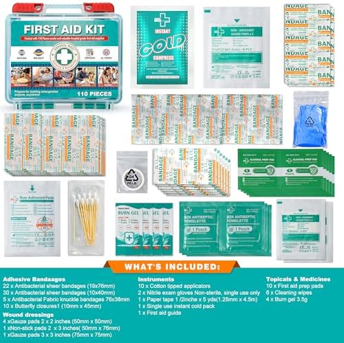 Open General Medi medical kit showing organized 110 pieces of emergency supplies