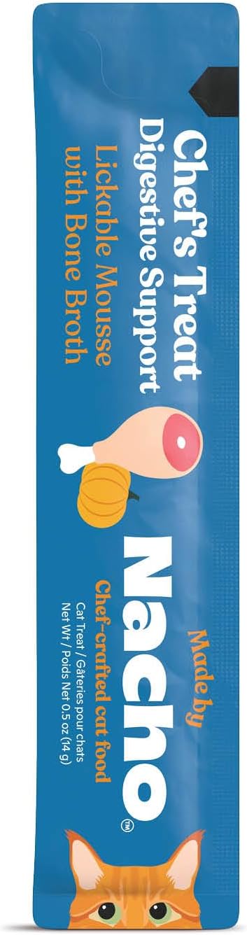 Squeezable grain free chicken and pumpkin cat treat sachet close up