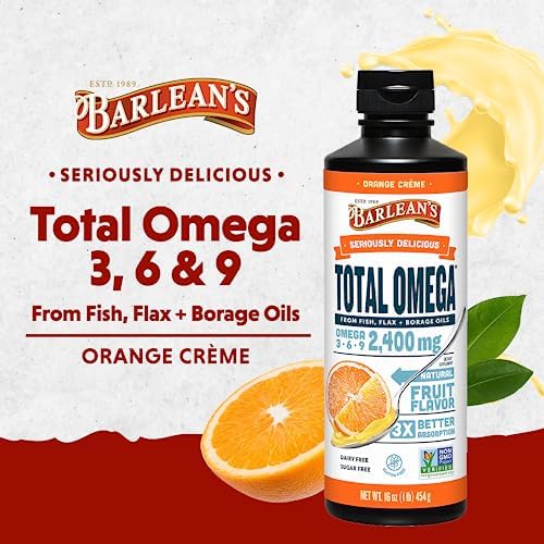 Barleans Seriously Delicious Total Omega liquid supplement pour highlighting the creamy smoothie texture