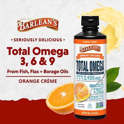 Barleans Seriously Delicious Total Omega liquid supplement pour highlighting the creamy smoothie texture