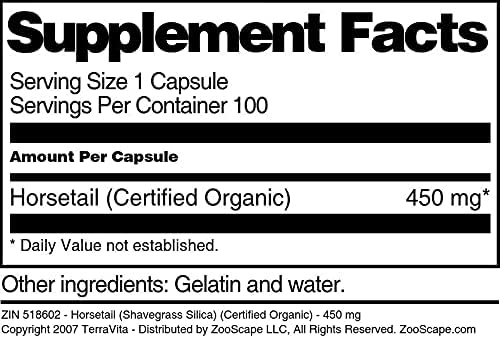 Organic Horsetail Shavegrass Silica dietary supplement packaging details