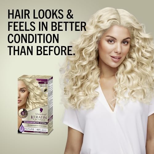 Schwarzkopf Keratin Blonde permanent color lift guide displaying results from dark blonde to light brown hair.