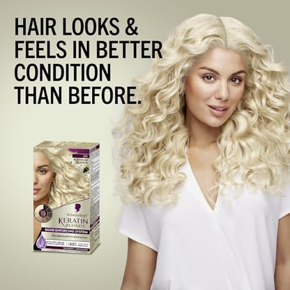 Schwarzkopf Keratin Blonde permanent color lift guide displaying results from dark blonde to light brown hair.