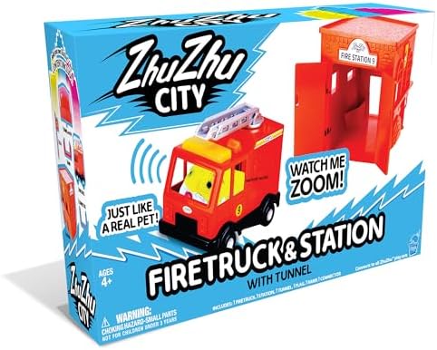 Vibrant red toy fire engine with functional extending ladder attached to the station track.