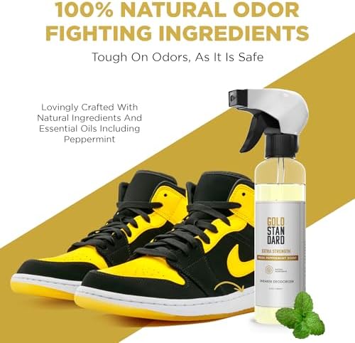 Applying Gold Standard extra strength spray inside a running shoe for freshness