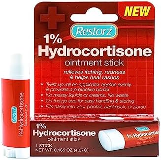 Restorz travel size hydrocortisone ointment stick for portable rash treatment.