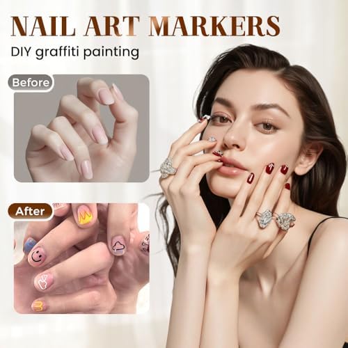 Various colorful nail designs created with nail markers