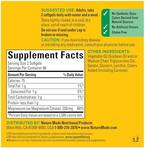 Premium imported Nature Made Magnesium Citrate softgels bottle layout with clear specifications for sixty day supply count.