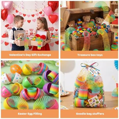 Twelve individual JOHOUSE rainbow spring circles neatly arranged as birthday goodie bag fillers
