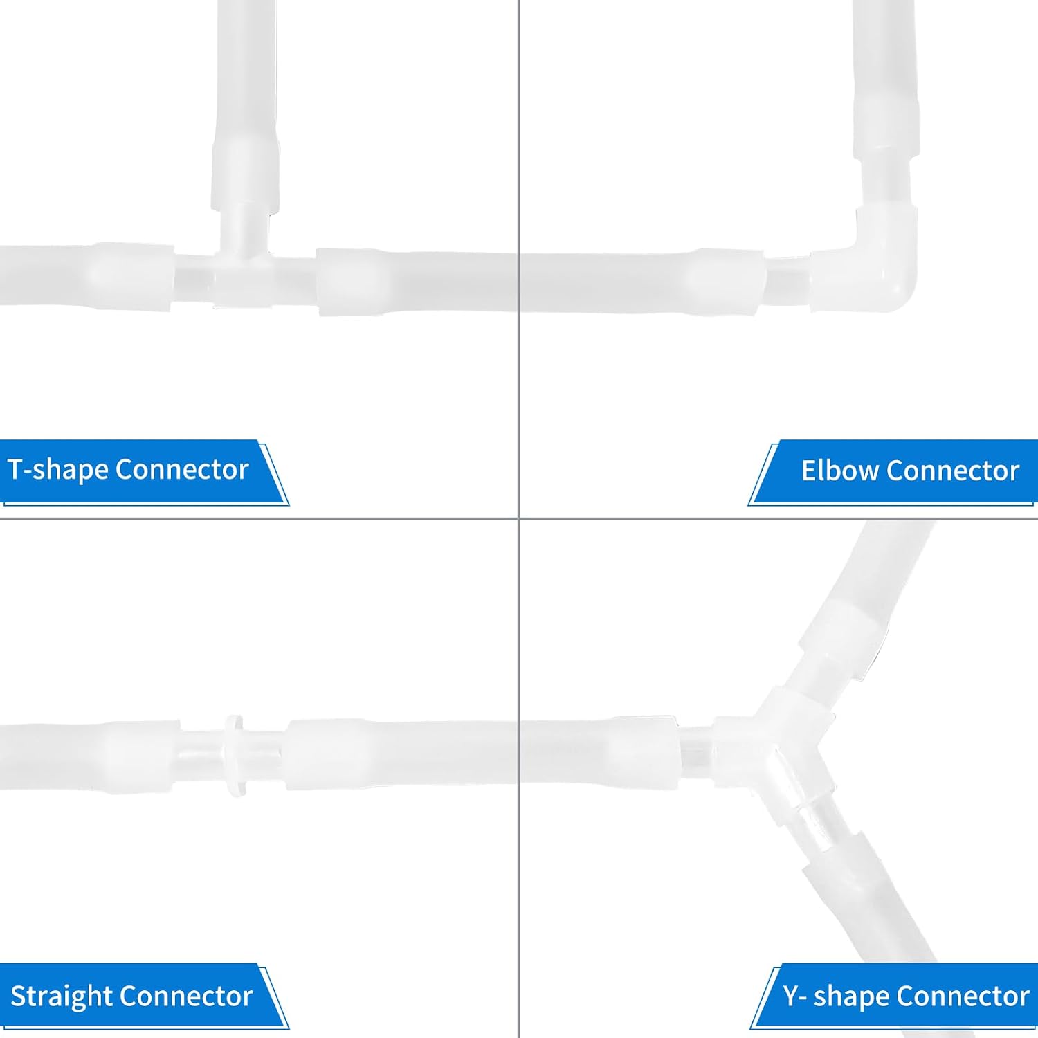 AQUANEAT non toxic plastic airline connectors arranged by type for custom fish tank setups.