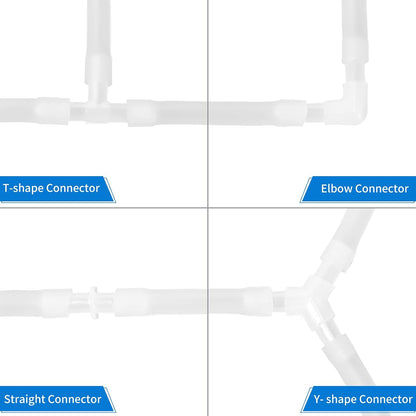 AQUANEAT non toxic plastic airline connectors arranged by type for custom fish tank setups.