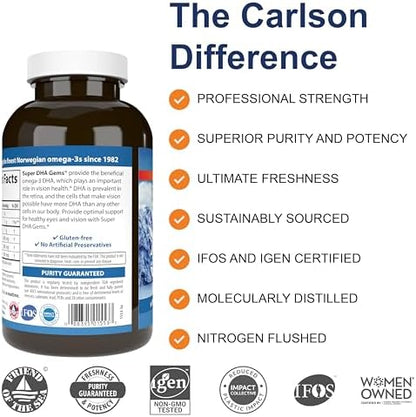 Carlson Super DHA Gems omega 3 supplement nutrition facts label showing 500 mg DHA