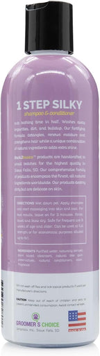 Close up of Bark2Basics One Step Silky label with plumeria scent branding