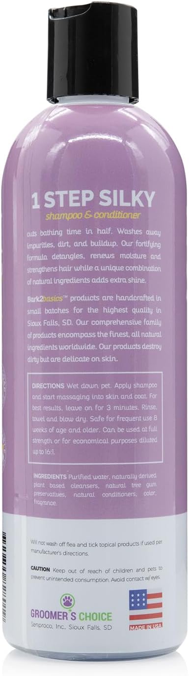 Close up of Bark2Basics One Step Silky label with plumeria scent branding