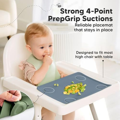 Slate grey KeaBabies toddler placemat rolled up compactly for travel convenience