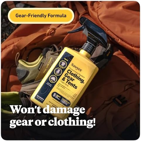 Premium fabric treatment insect repellent by Sawyer showcasing active ingredient and application text
