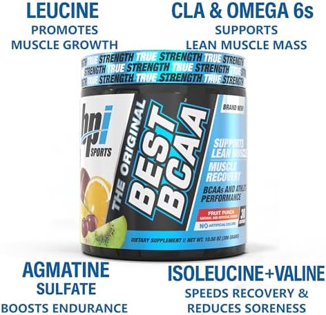 Bpi Sports Best Bcaa Fruit Punch scoop and powder texture display