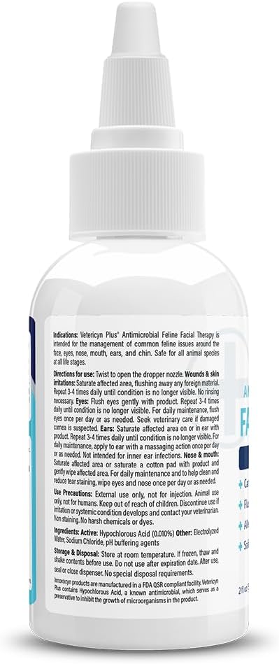 Close up of Vetericyn cat skin care bottle highlighting hypochlorous acid formula benefits.
