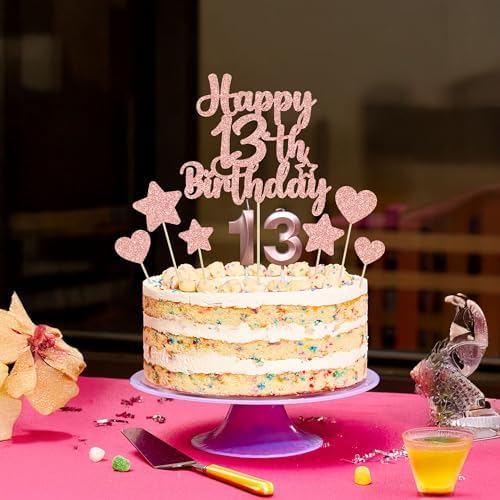 Gyufise 15Pcs Happy 13th Birthday Cake Topper Set with Heart Star Glitter Cheers to 13 Years Cake Picks Number 13 Candles Cake Decorations for Happy 13th Birthday Anniversary Party Supplies Rose Gold - Image 6