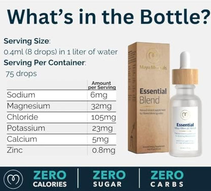 Mayu Trace Mineral Drops side label highlighting the vegan and non GMO product features.
