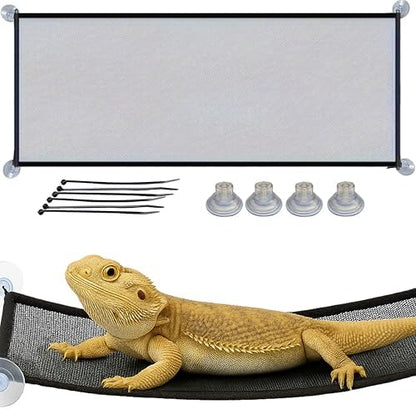 Rectangular mesh reptile lounger installed securely in a glass terrarium