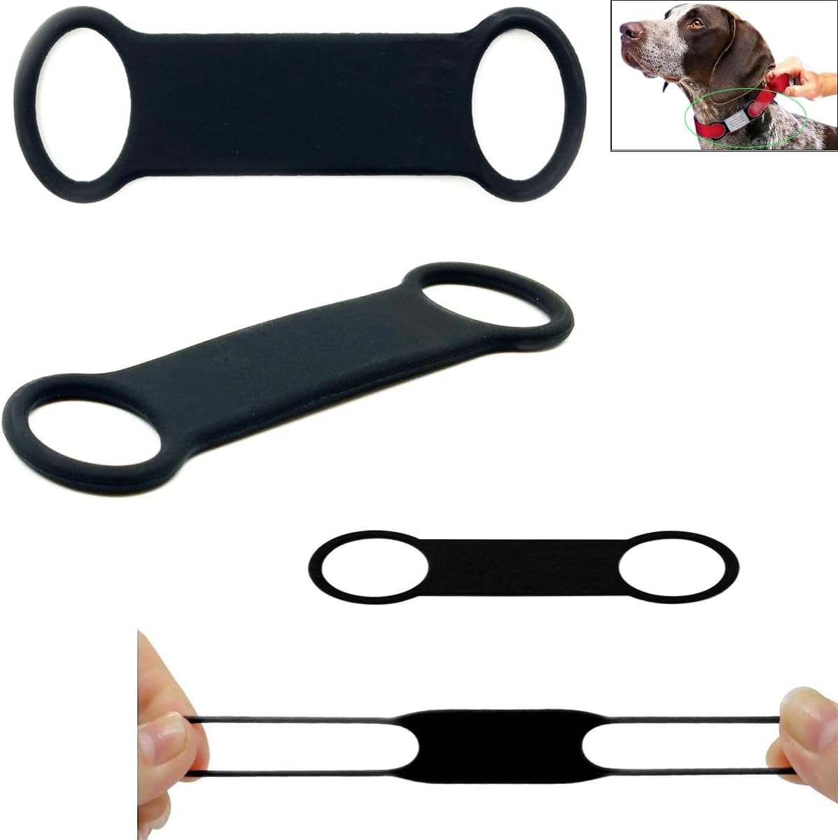 DraCra silicone dog tag rubber band replacement holder front view showing flexible black elastic design.