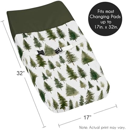 Close up of watercolor pine tree print on baby changing cover