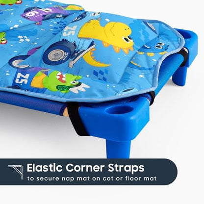 Wake In Cloud boys daycare nap mat showing the integrated name tag pocket and fabric details.