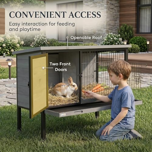 PawHut Elevated Rabbit Hutch with Pull-Out Tray, Wooden Bunny House Rabbit Cage for Outdoor Indoor Use, Openable Plastic Roof, Light Gray - Image 6